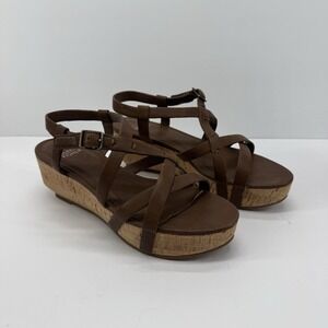 Eileen Fisher  Brown Leather Cork Wedge Platform Sandals Size 6